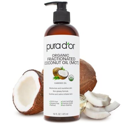 PURA D’OR 16 Oz ORGANIC Fractionated Coconut Oil – MCT Oil – 100% Pure & Natural USDA Certified Cold Pressed Carrier Oil – Unscented, Hexane Free Moisturizer For Face, Skin & Hair Tonic – Men & Women
