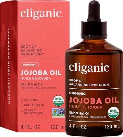Cliganic Organic Jojoba Oil, 100% Pure (4oz) | Moisturizing for Face, Hair, Skin & Nails | Natural Cold Pressed Hexane Free | Base Carrier Oil