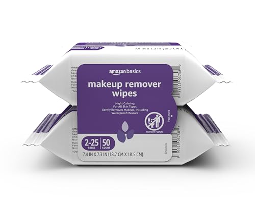 Amazon Basics Makeup Remover Wipes, Gentle Cleansing, Dermatologist Tested, Night Calming, Plant Based, Alcohol-Free, Removes Waterproof Mascara, 25 Count Per Pack, Pack of 2 Amazon Basics Makeup Remover Wipes, Gentle Cleansing, Dermatologist Tested, Night Calming, Plant Based, Alcohol-Free, Removes Waterproof Mascara, 25 Count Per Pack, Pack of 2