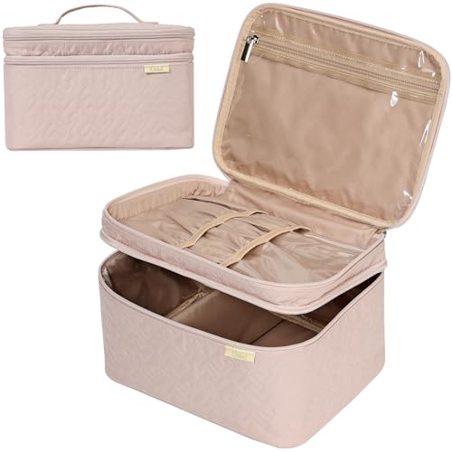 NISHEL Large Double Layer Travel Makeup Bag Women, Cosmetic Case, Organizer for Travel-Size Accessories Bottles, Brushes, Conditioner, and Skin Care Products, Pink NISHEL Large Double Layer Travel Makeup Bag Women, Cosmetic Case, Organizer for Travel-Size Accessories Bottles, Brushes, Conditioner, and Skin Care Products, Pink